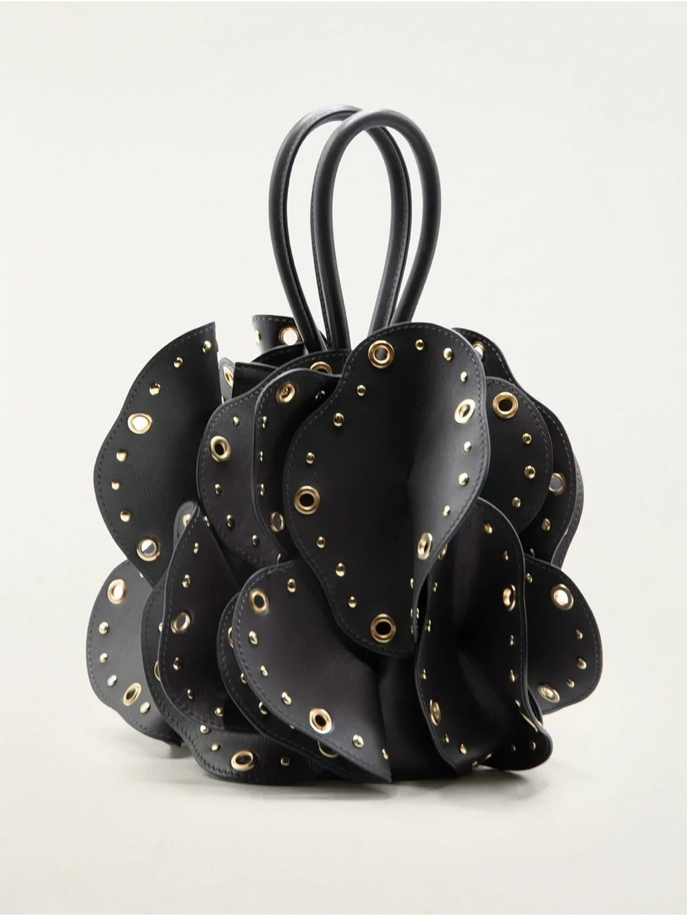 FARM Rio Black Floral Petal Eyelet Satchel with Gold Hardware